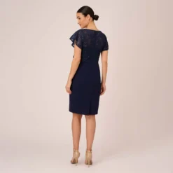 Adrianna Papell Sequined Guipure Lace Popover Stretch Knit Crepe Short Sheath Dress In Navy 11 Adrianna Papell Sequined Guipure Lace Popover Stretch Knit Crepe Short Sheath Dress In Navy -Glam Mirth Sales AP1D104957 AC412 Regular Back