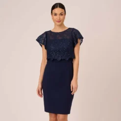 Adrianna Papell Sequined Guipure Lace Popover Stretch Knit Crepe Short Sheath Dress In Navy