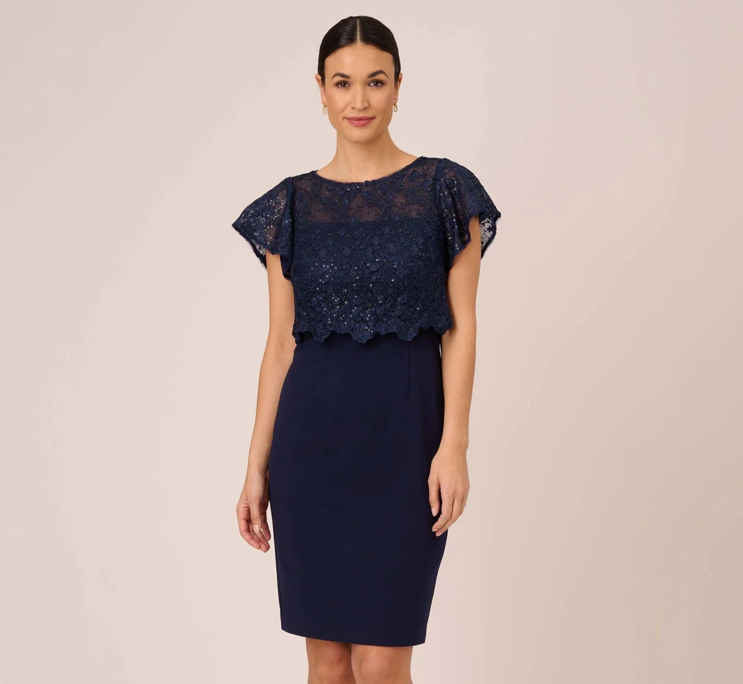Adrianna Papell Sequined Guipure Lace Popover Stretch Knit Crepe Short Sheath Dress In Navy 1 Adrianna Papell Sequined Guipure Lace Popover Stretch Knit Crepe Short Sheath Dress In Navy
