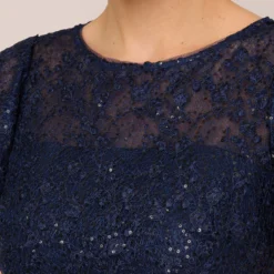 Adrianna Papell Sequined Guipure Lace Popover Stretch Knit Crepe Short Sheath Dress In Navy 10 Adrianna Papell Sequined Guipure Lace Popover Stretch Knit Crepe Short Sheath Dress In Navy -Glam Mirth Sales AP1D104957 AC412 Regular Detail