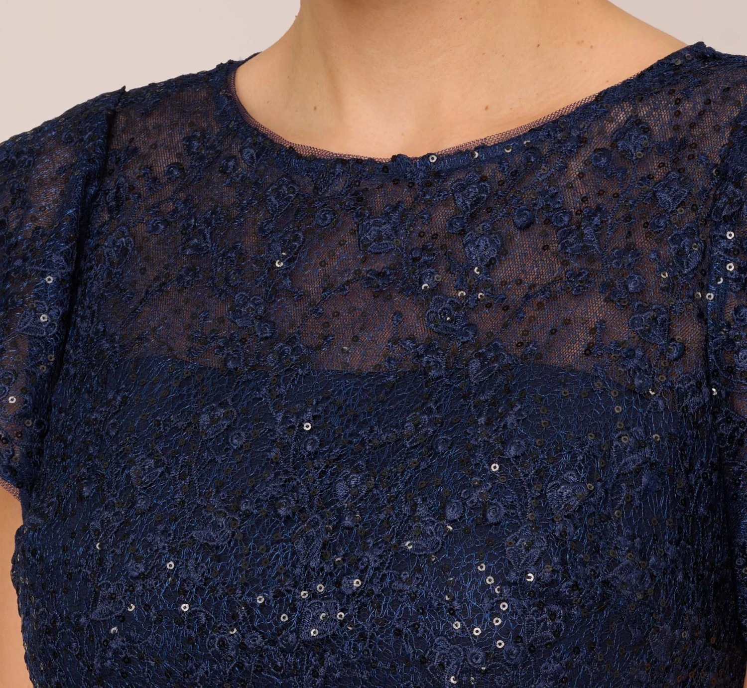 Adrianna Papell Sequined Guipure Lace Popover Stretch Knit Crepe Short Sheath Dress In Navy 3 Adrianna Papell Sequined Guipure Lace Popover Stretch Knit Crepe Short Sheath Dress In Navy - Image 3