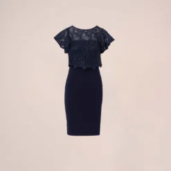 Adrianna Papell Sequined Guipure Lace Popover Stretch Knit Crepe Short Sheath Dress In Navy 13 Adrianna Papell Sequined Guipure Lace Popover Stretch Knit Crepe Short Sheath Dress In Navy -Glam Mirth Sales AP1D104957 AC412 Regular Flat