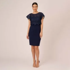 Adrianna Papell Sequined Guipure Lace Popover Stretch Knit Crepe Short Sheath Dress In Navy 14 Adrianna Papell Sequined Guipure Lace Popover Stretch Knit Crepe Short Sheath Dress In Navy -Glam Mirth Sales AP1D104957 AC412 Regular Front