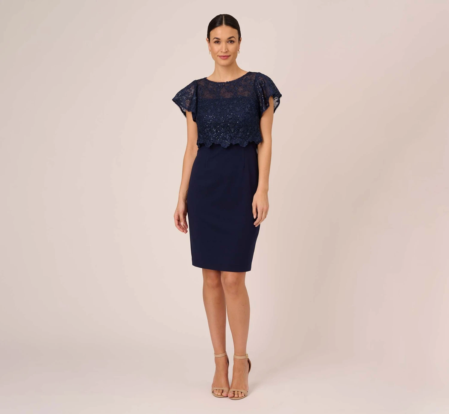 Adrianna Papell Sequined Guipure Lace Popover Stretch Knit Crepe Short Sheath Dress In Navy 7 Adrianna Papell Sequined Guipure Lace Popover Stretch Knit Crepe Short Sheath Dress In Navy - Image 7