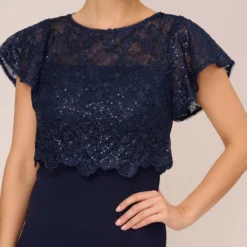 Adrianna Papell Sequined Guipure Lace Popover Stretch Knit Crepe Short Sheath Dress In Navy 15 Adrianna Papell Sequined Guipure Lace Popover Stretch Knit Crepe Short Sheath Dress In Navy -Glam Mirth Sales AP1D104957 AC412 Regular Lifestyle