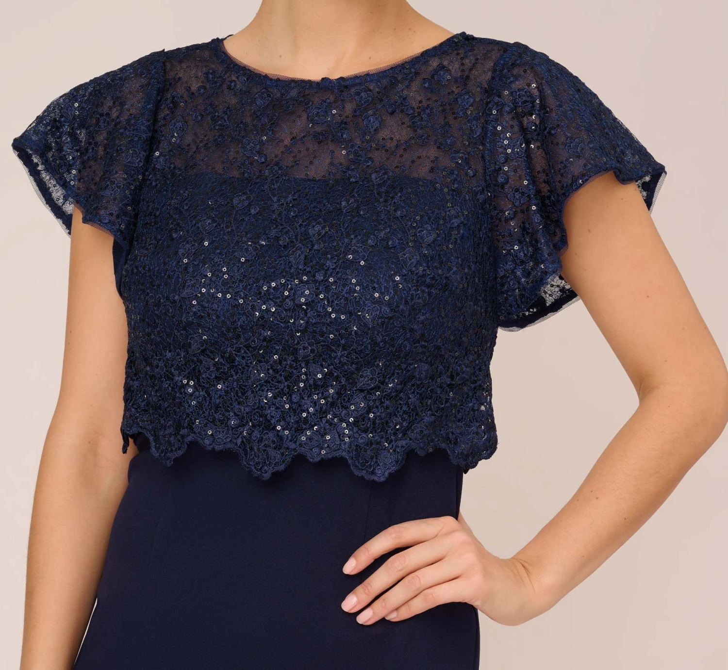 Adrianna Papell Sequined Guipure Lace Popover Stretch Knit Crepe Short Sheath Dress In Navy 8 Adrianna Papell Sequined Guipure Lace Popover Stretch Knit Crepe Short Sheath Dress In Navy - Image 8