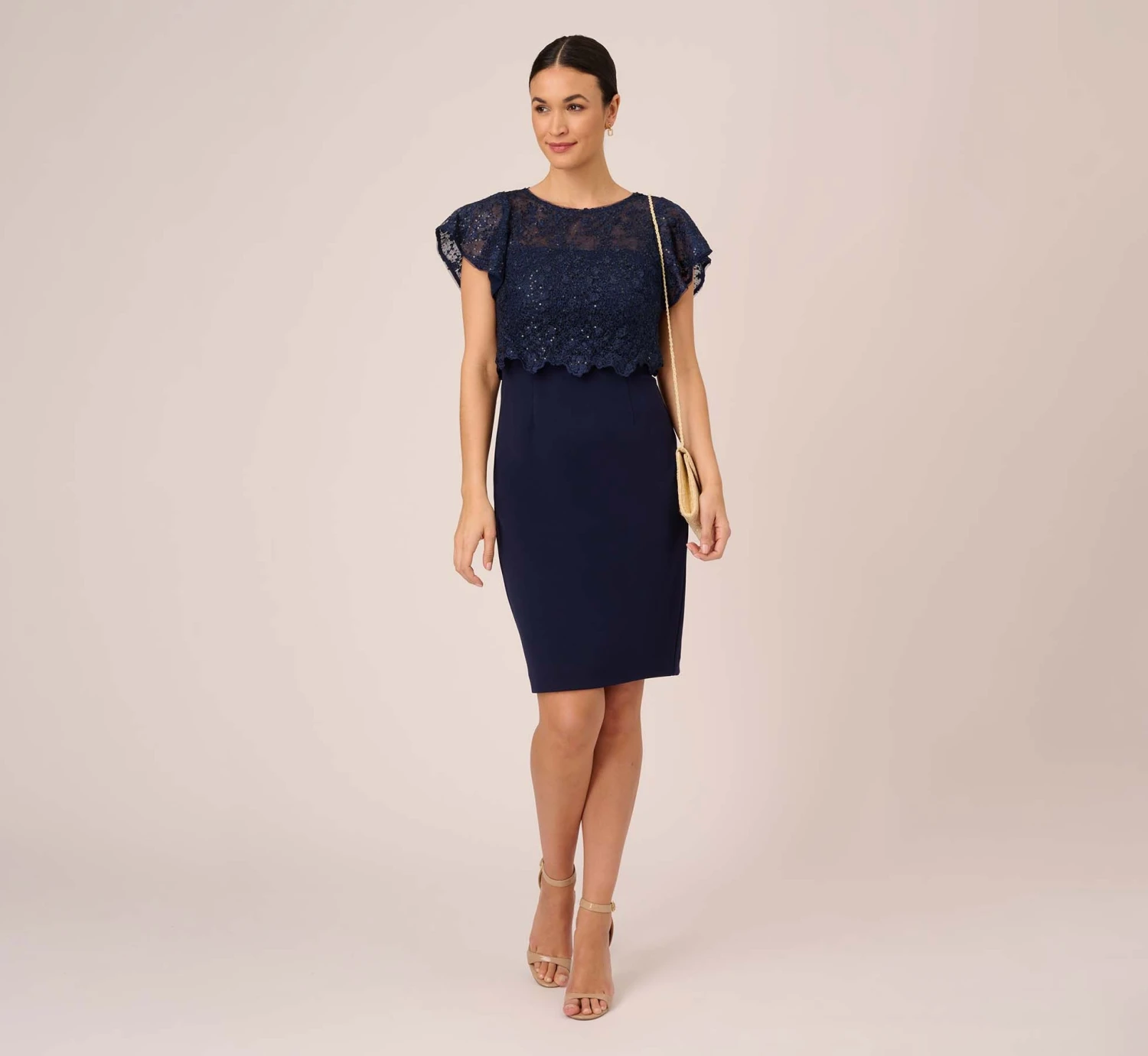 Adrianna Papell Sequined Guipure Lace Popover Stretch Knit Crepe Short Sheath Dress In Navy 2 Adrianna Papell Sequined Guipure Lace Popover Stretch Knit Crepe Short Sheath Dress In Navy - Image 2