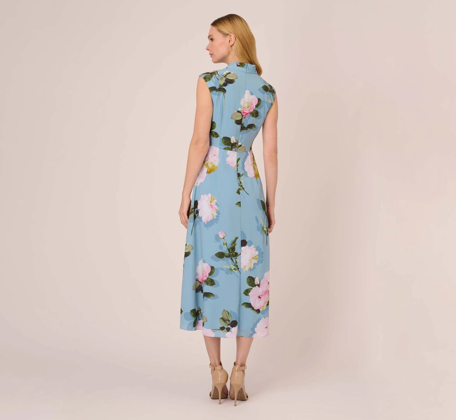 Adrianna Papell Floral Print Crepe De Chine Midi-Length Dress In Blue Multi 4 Adrianna Papell Floral Print Crepe De Chine Midi-Length Dress In Blue Multi - Image 4