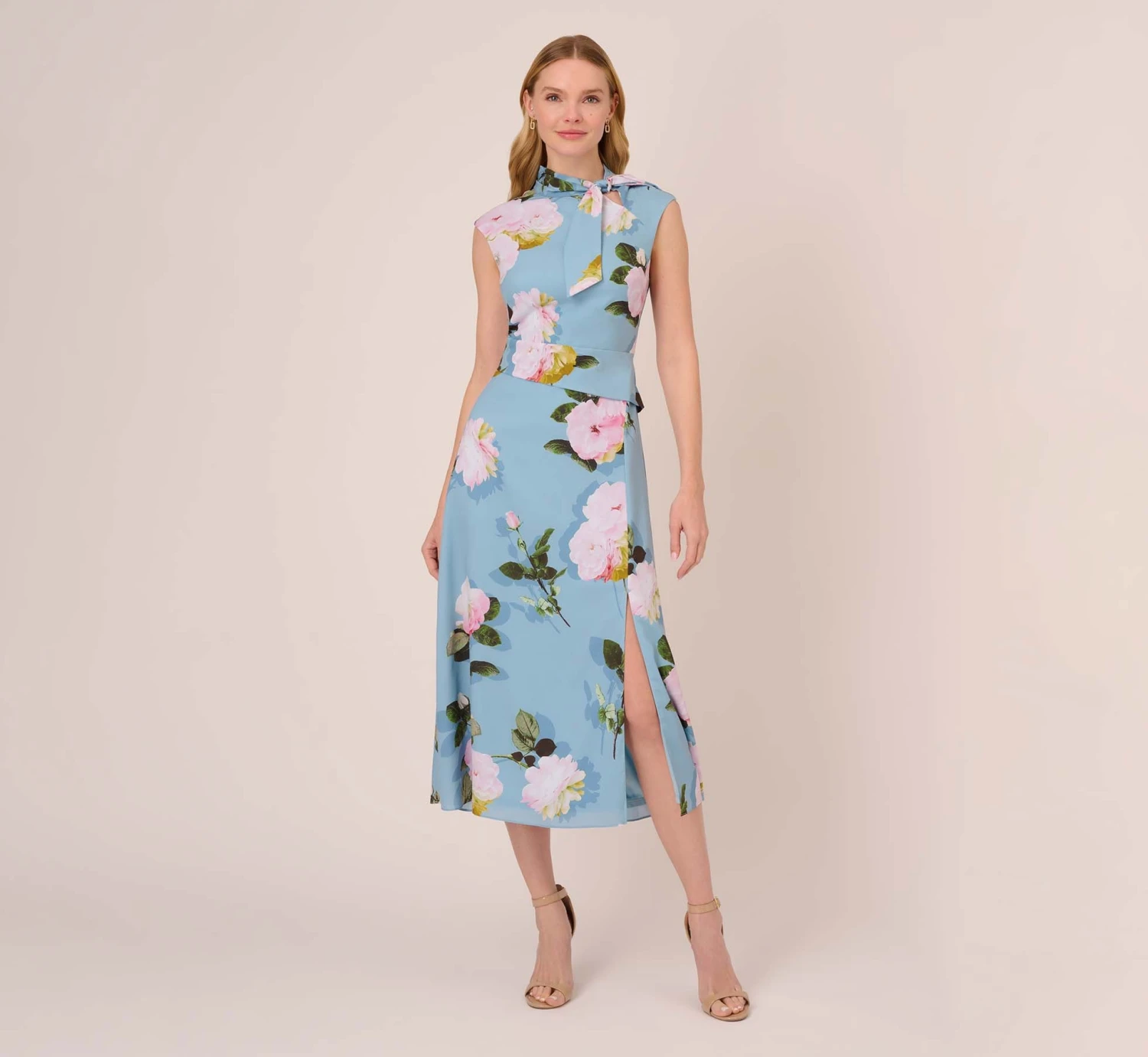 Adrianna Papell Floral Print Crepe De Chine Midi-Length Dress In Blue Multi 2 Adrianna Papell Floral Print Crepe De Chine Midi-Length Dress In Blue Multi - Image 2