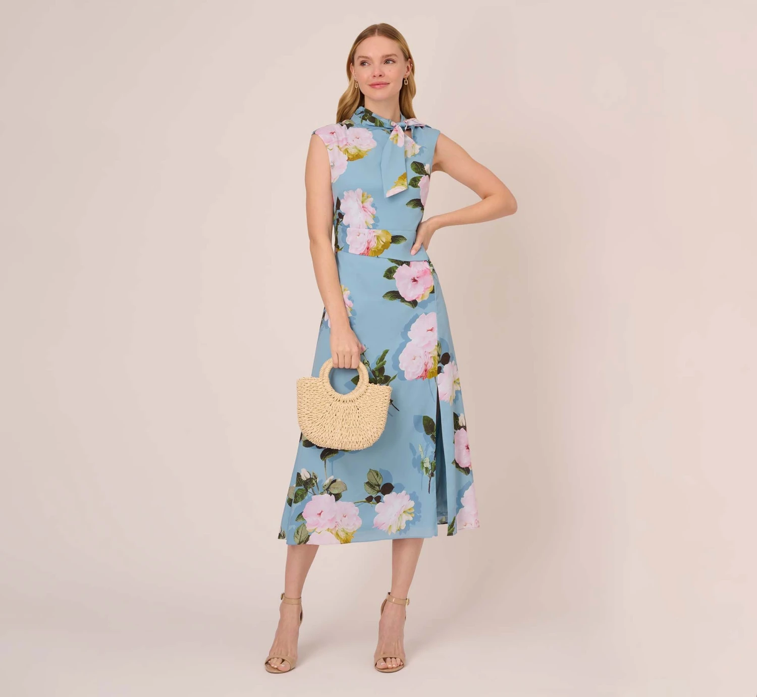Adrianna Papell Floral Print Crepe De Chine Midi-Length Dress In Blue Multi 1 Adrianna Papell Floral Print Crepe De Chine Midi-Length Dress In Blue Multi