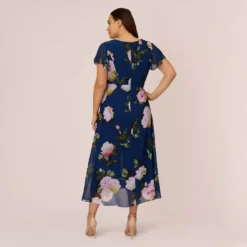 Adrianna Papell Plus Size Floral Print Chiffon Cropped Jumpsuit In Navy Multi -Glam Mirth Sales AP1D104961 AA980 Plus Back