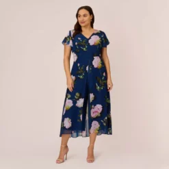 Adrianna Papell Plus Size Floral Print Chiffon Cropped Jumpsuit In Navy Multi