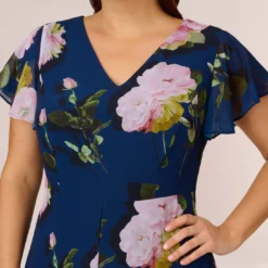 Adrianna Papell Plus Size Floral Print Chiffon Cropped Jumpsuit In Navy Multi -Glam Mirth Sales AP1D104961 AA980 Plus Detail