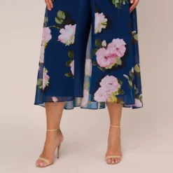 Adrianna Papell Plus Size Floral Print Chiffon Cropped Jumpsuit In Navy Multi -Glam Mirth Sales AP1D104961 AA980 Plus Jacket