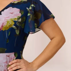 Adrianna Papell Plus Size Floral Print Chiffon Cropped Jumpsuit In Navy Multi -Glam Mirth Sales AP1D104961 AA980 Plus Lifestyle