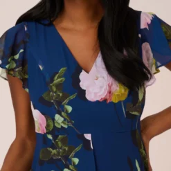 Adrianna Papell Floral Print Chiffon Cropped Jumpsuit In Navy Multi -Glam Mirth Sales AP1D104961 AA980 Regular Detail