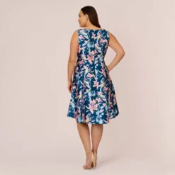 Adrianna Papell Plus Size Floral Print Mikado Short High Low Fit-And-Flare Dress In Navy Multi 11 Adrianna Papell Plus Size Floral Print Mikado Short High Low Fit-And-Flare Dress In Navy Multi -Glam Mirth Sales AP1D104962 AA980 Plus Back