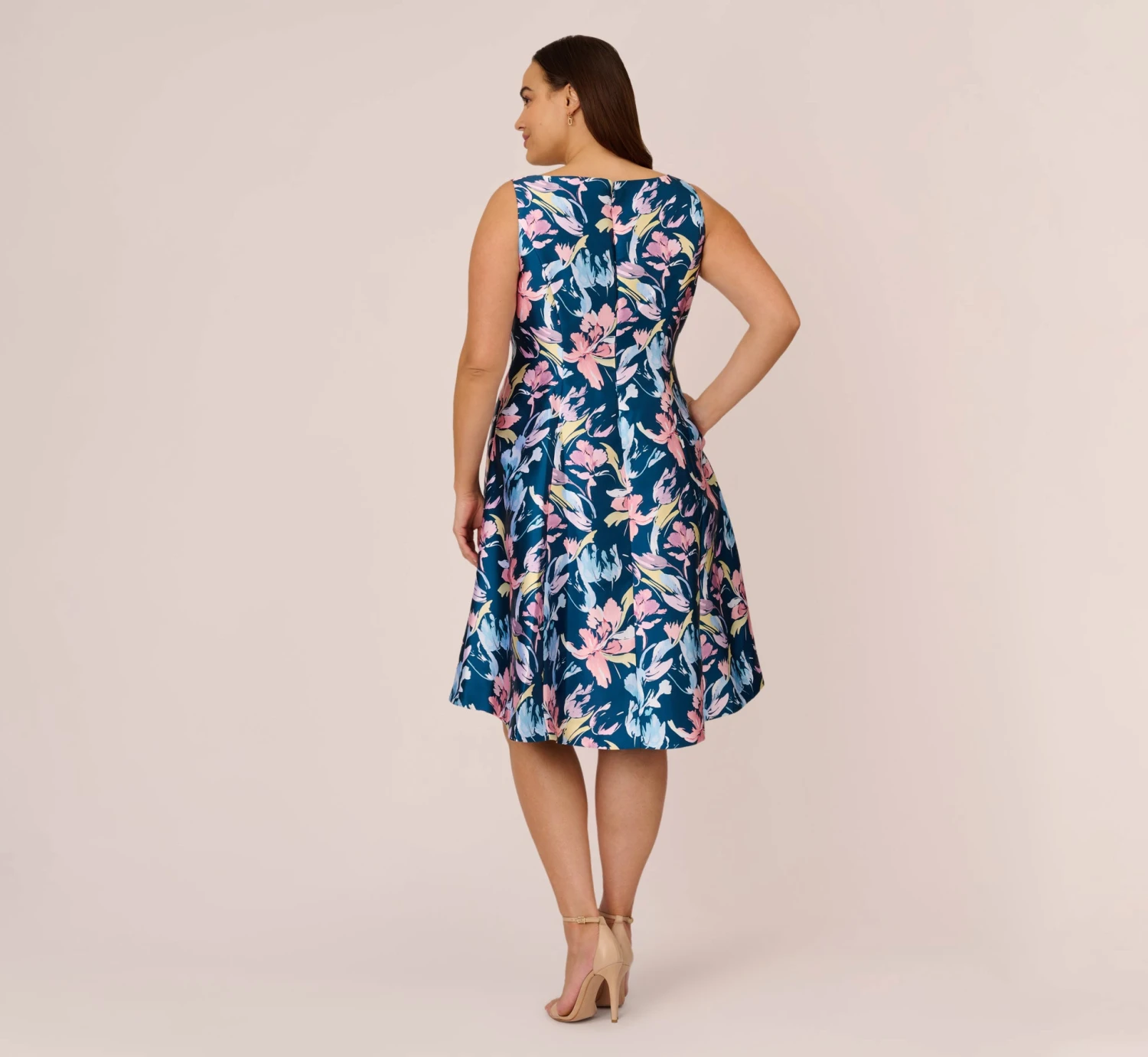 Adrianna Papell Plus Size Floral Print Mikado Short High Low Fit-And-Flare Dress In Navy Multi 5 Adrianna Papell Plus Size Floral Print Mikado Short High Low Fit-And-Flare Dress In Navy Multi - Image 5