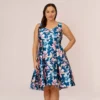 Adrianna Papell Plus Size Floral Print Mikado Short High Low Fit-And-Flare Dress In Navy Multi