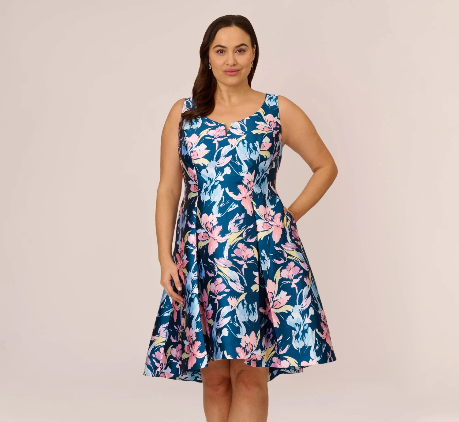 Adrianna Papell Plus Size Floral Print Mikado Short High Low Fit-And-Flare Dress In Navy Multi 1 Adrianna Papell Plus Size Floral Print Mikado Short High Low Fit-And-Flare Dress In Navy Multi