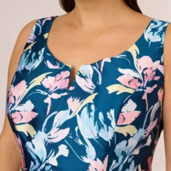 Adrianna Papell Plus Size Floral Print Mikado Short High Low Fit-And-Flare Dress In Navy Multi 10 Adrianna Papell Plus Size Floral Print Mikado Short High Low Fit-And-Flare Dress In Navy Multi -Glam Mirth Sales AP1D104962 AA980 Plus Detail
