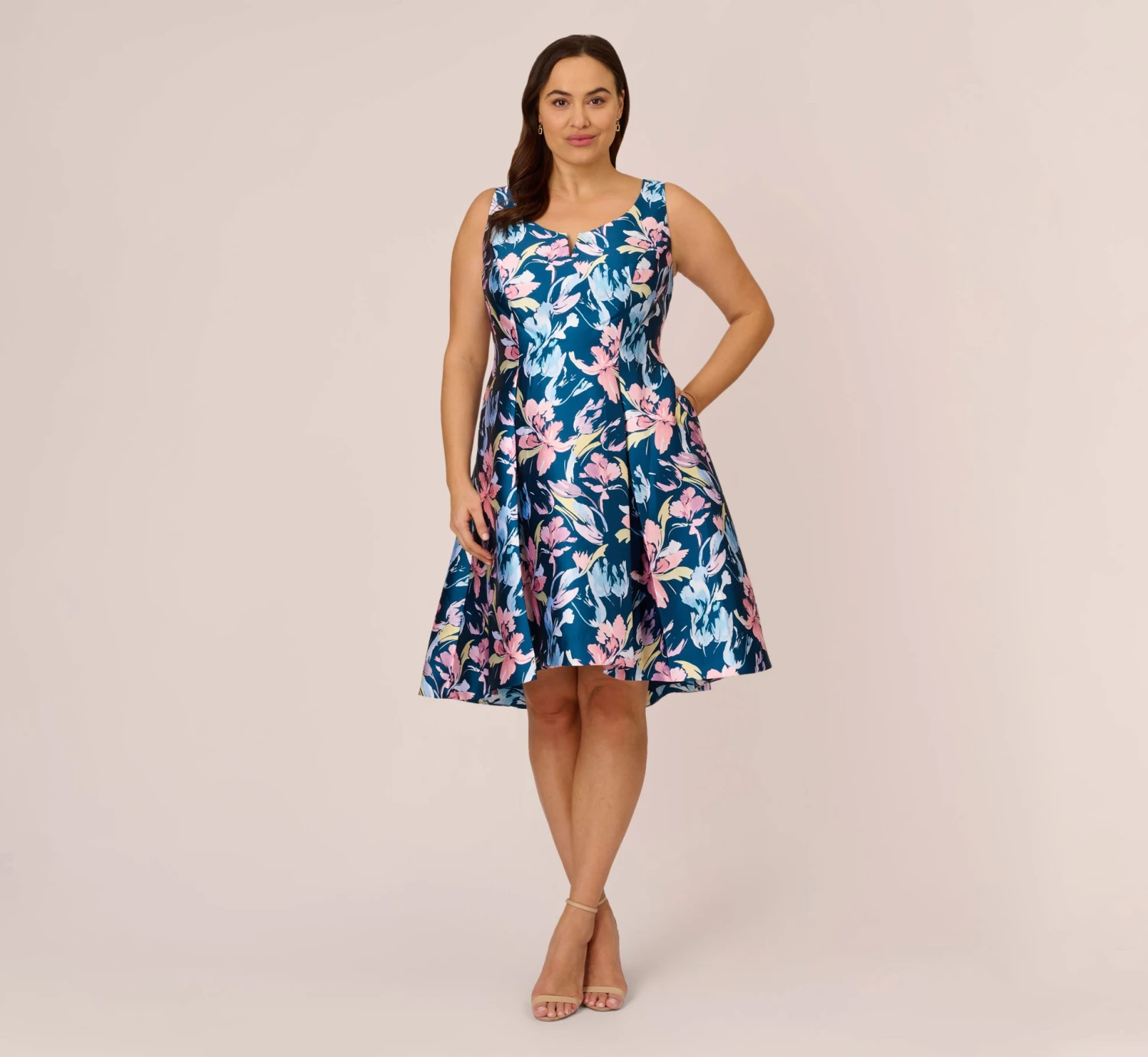 Adrianna Papell Plus Size Floral Print Mikado Short High Low Fit-And-Flare Dress In Navy Multi 3 Adrianna Papell Plus Size Floral Print Mikado Short High Low Fit-And-Flare Dress In Navy Multi - Image 3
