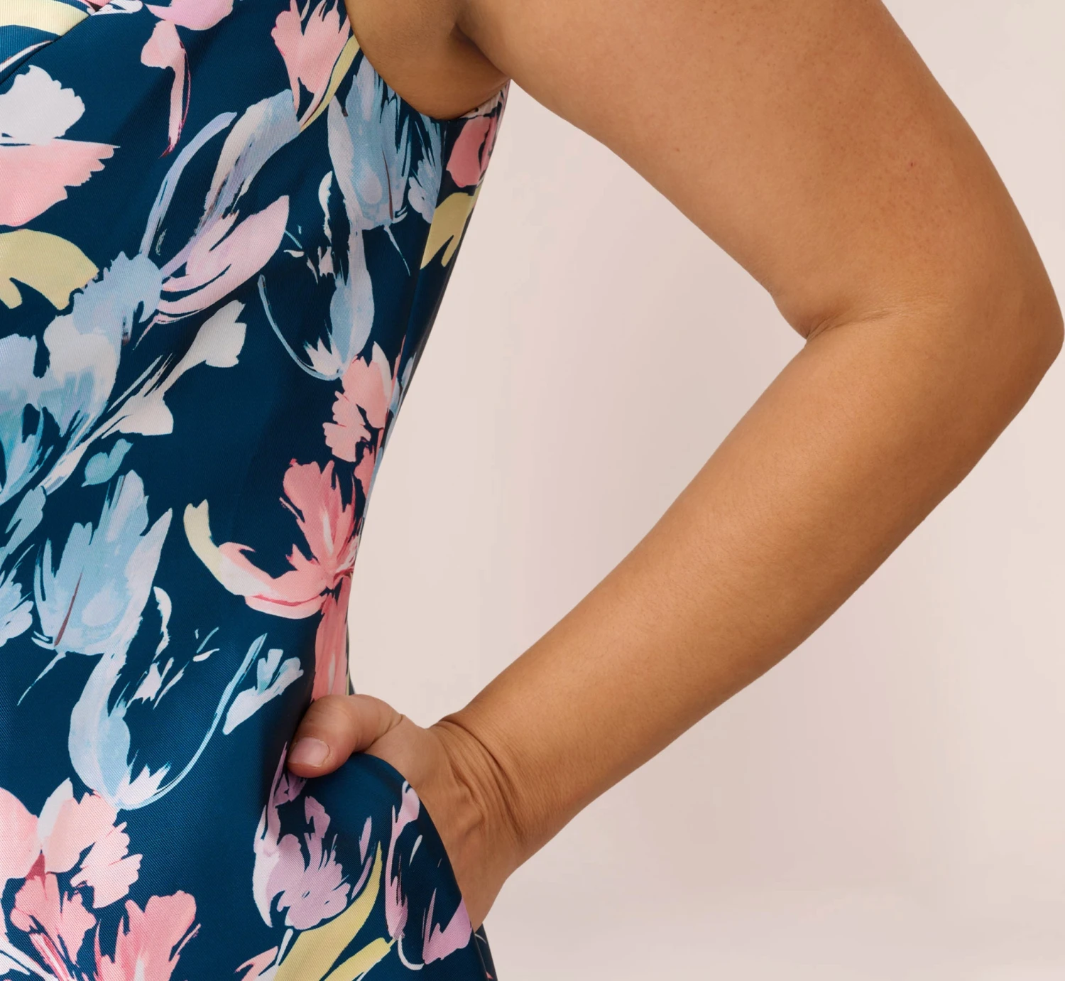 Adrianna Papell Plus Size Floral Print Mikado Short High Low Fit-And-Flare Dress In Navy Multi 6 Adrianna Papell Plus Size Floral Print Mikado Short High Low Fit-And-Flare Dress In Navy Multi - Image 6