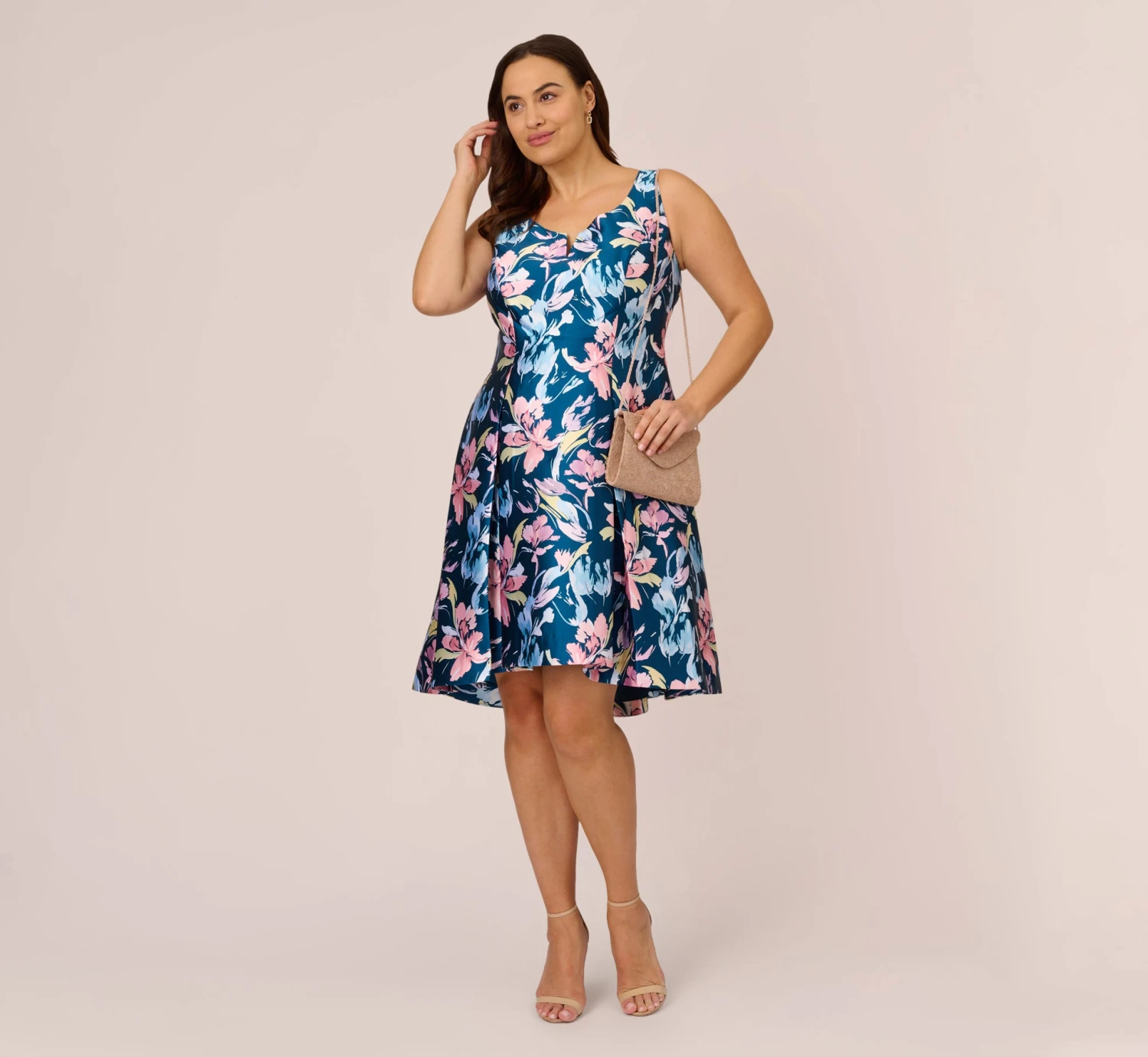 Adrianna Papell Plus Size Floral Print Mikado Short High Low Fit-And-Flare Dress In Navy Multi 2 Adrianna Papell Plus Size Floral Print Mikado Short High Low Fit-And-Flare Dress In Navy Multi - Image 2