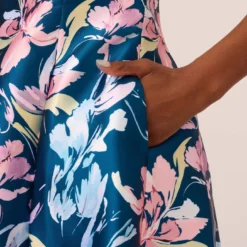 Adrianna Papell Floral Print Mikado Short High Low Fit-And-Flare Dress In Navy Multi 12 Adrianna Papell Floral Print Mikado Short High Low Fit-And-Flare Dress In Navy Multi -Glam Mirth Sales AP1D104962 AA980 Regular Lifestyle