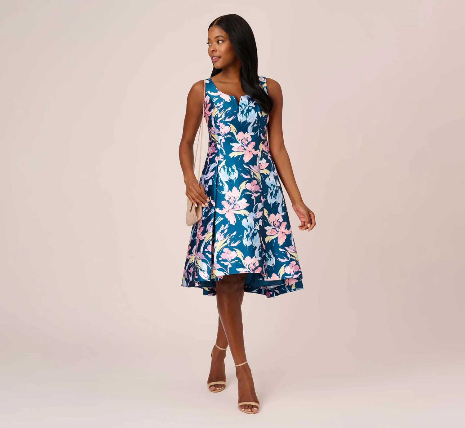 Adrianna Papell Floral Print Mikado Short High Low Fit-And-Flare Dress In Navy Multi 2 Adrianna Papell Floral Print Mikado Short High Low Fit-And-Flare Dress In Navy Multi - Image 2