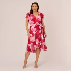 Adrianna Papell Plus Size Floral Print Smocked Chiffon Short Dress In Pink Multi