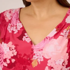 Adrianna Papell Plus Size Floral Print Smocked Chiffon Short Dress In Pink Multi -Glam Mirth Sales AP1D104963 AE970 Plus Detail