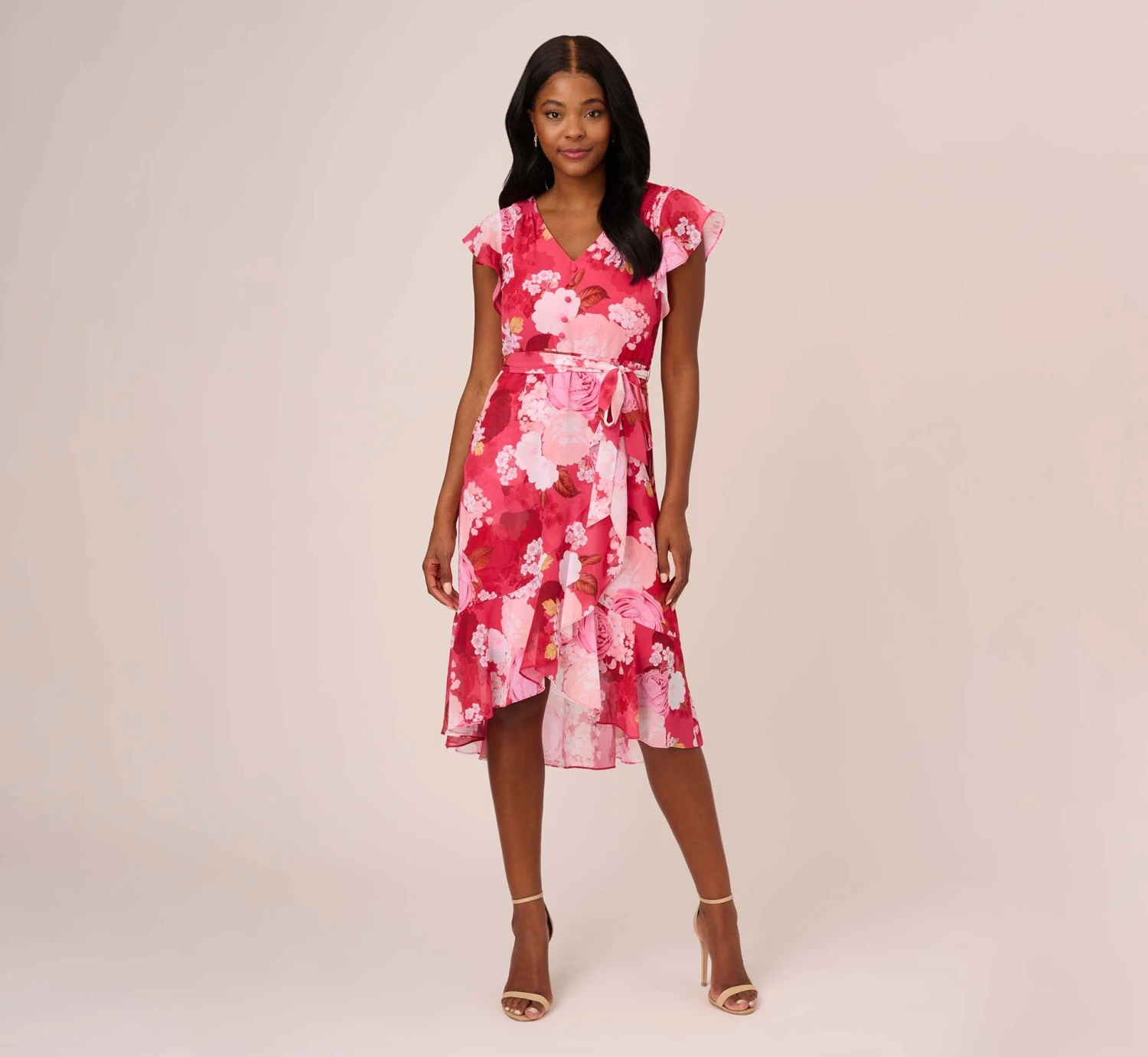 Adrianna Papell Floral Print Smocked Chiffon Short Dress In Pink Multi 2 Adrianna Papell Floral Print Smocked Chiffon Short Dress In Pink Multi - Image 2