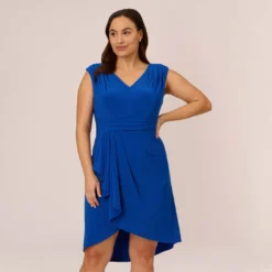 Adrianna Papell Plus Size Stretch Matte Jersey Draped Asymmetrical Short Dress In Rich Royal