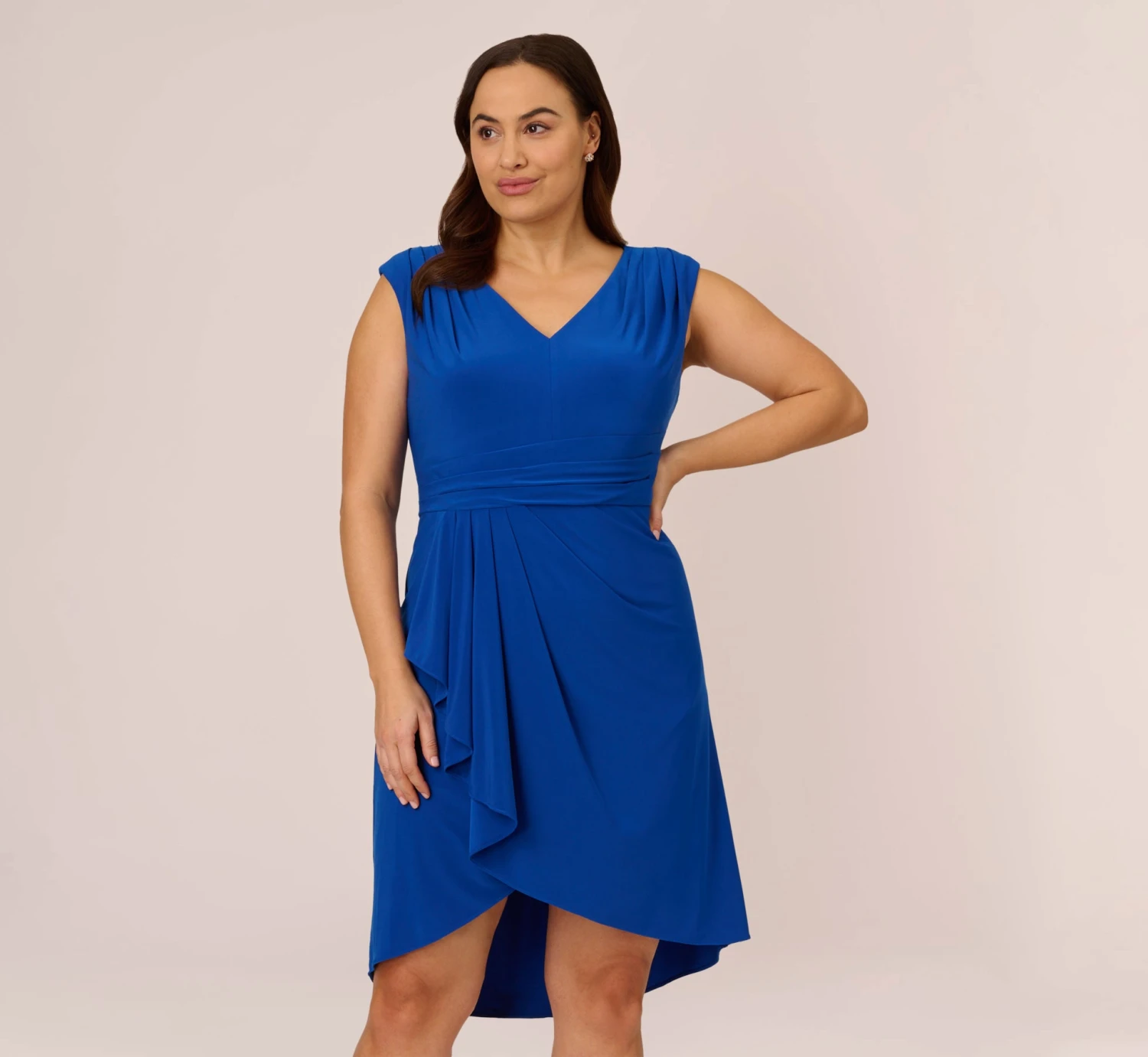 Adrianna Papell Plus Size Stretch Matte Jersey Draped Asymmetrical Short Dress In Rich Royal 1 Adrianna Papell Plus Size Stretch Matte Jersey Draped Asymmetrical Short Dress In Rich Royal
