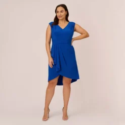 Adrianna Papell Plus Size Stretch Matte Jersey Draped Asymmetrical Short Dress In Rich Royal 13 Adrianna Papell Plus Size Stretch Matte Jersey Draped Asymmetrical Short Dress In Rich Royal -Glam Mirth Sales AP1D104971 AI402 Plus Front