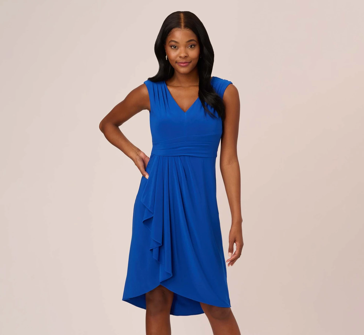 Adrianna Papell Stretch Matte Jersey Draped Asymmetrical Short Dress In Rich Royal 1 Adrianna Papell Stretch Matte Jersey Draped Asymmetrical Short Dress In Rich Royal