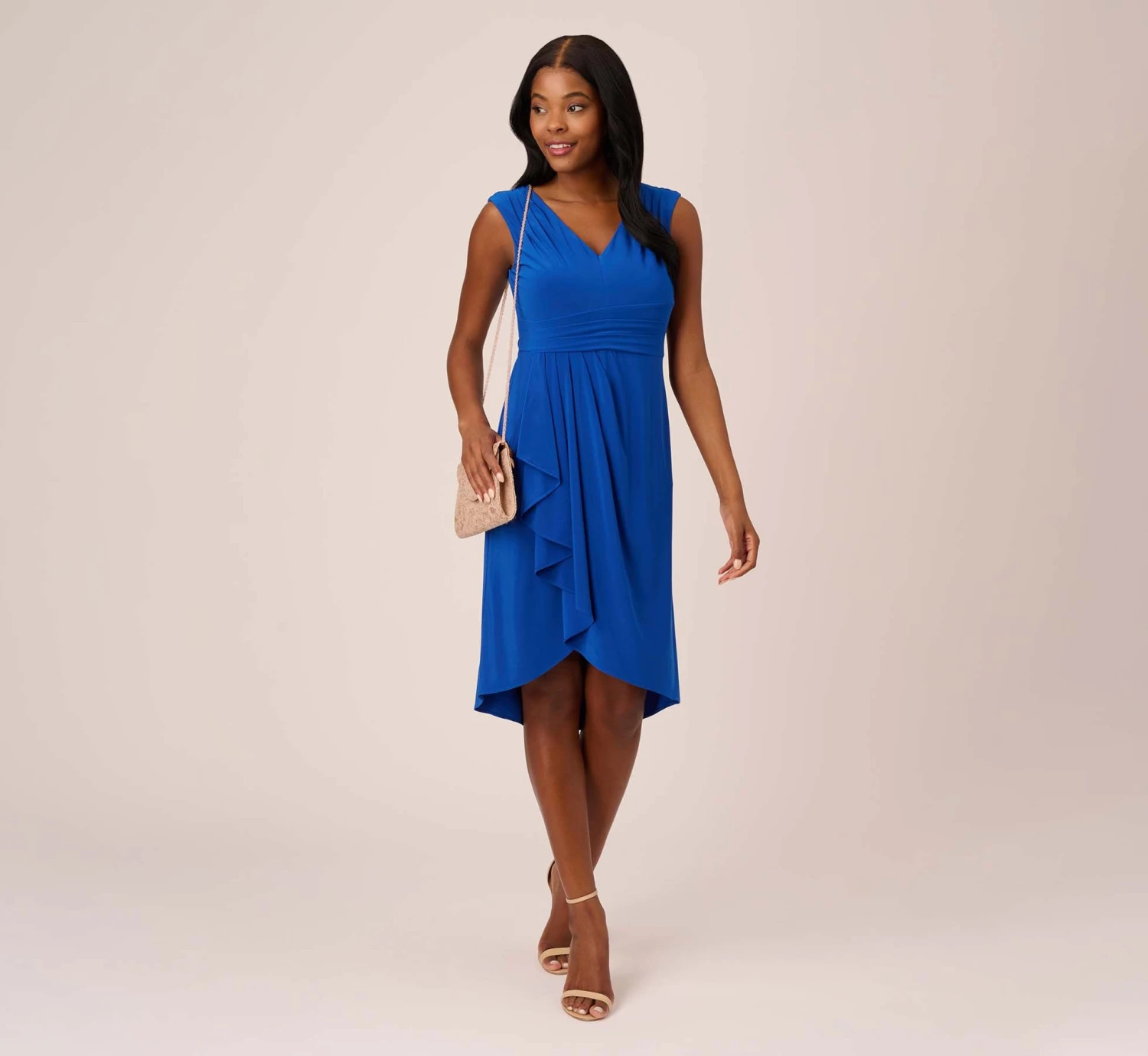 Adrianna Papell Stretch Matte Jersey Draped Asymmetrical Short Dress In Rich Royal 2 Adrianna Papell Stretch Matte Jersey Draped Asymmetrical Short Dress In Rich Royal - Image 2