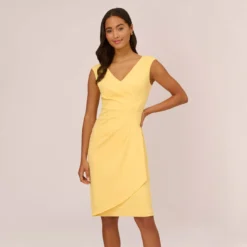 Adrianna Papell Crepe Sheath Dress With Draped Details In Warm Sun