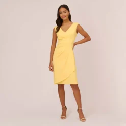 Adrianna Papell Crepe Sheath Dress With Draped Details In Warm Sun -Glam Mirth Sales AP1D104973 AC746 Regular Front