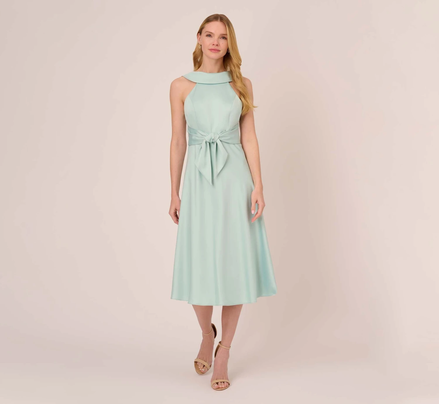 Adrianna Papell Satin Crepe Midi-Length Fit-And-Flare Halter Dress In Mint Smoke 1 Adrianna Papell Satin Crepe Midi-Length Fit-And-Flare Halter Dress In Mint Smoke