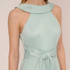 Adrianna Papell Satin Crepe Midi-Length Fit-And-Flare Halter Dress In Mint Smoke 9 Adrianna Papell Satin Crepe Midi-Length Fit-And-Flare Halter Dress In Mint Smoke -Glam Mirth Sales AP1D104976 AH484 Regular Detail