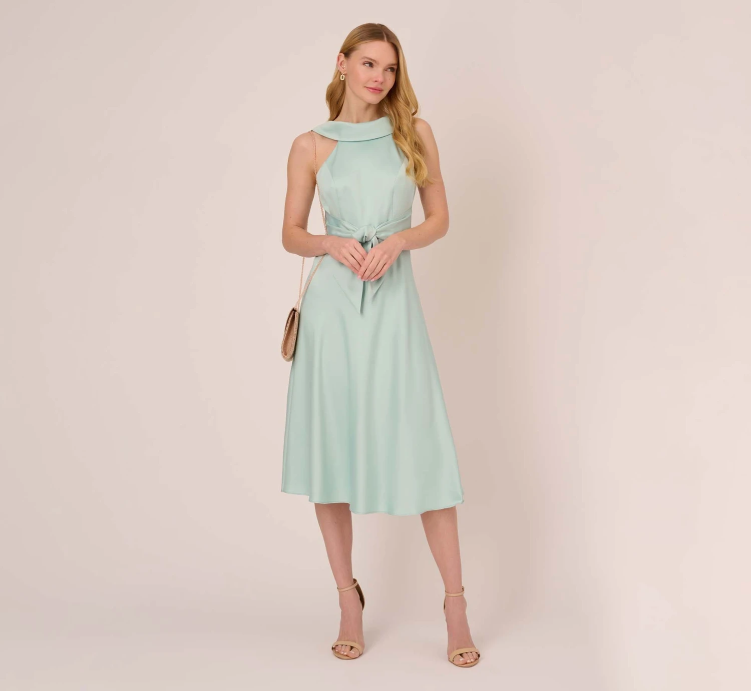 Adrianna Papell Satin Crepe Midi-Length Fit-And-Flare Halter Dress In Mint Smoke 2 Adrianna Papell Satin Crepe Midi-Length Fit-And-Flare Halter Dress In Mint Smoke - Image 2