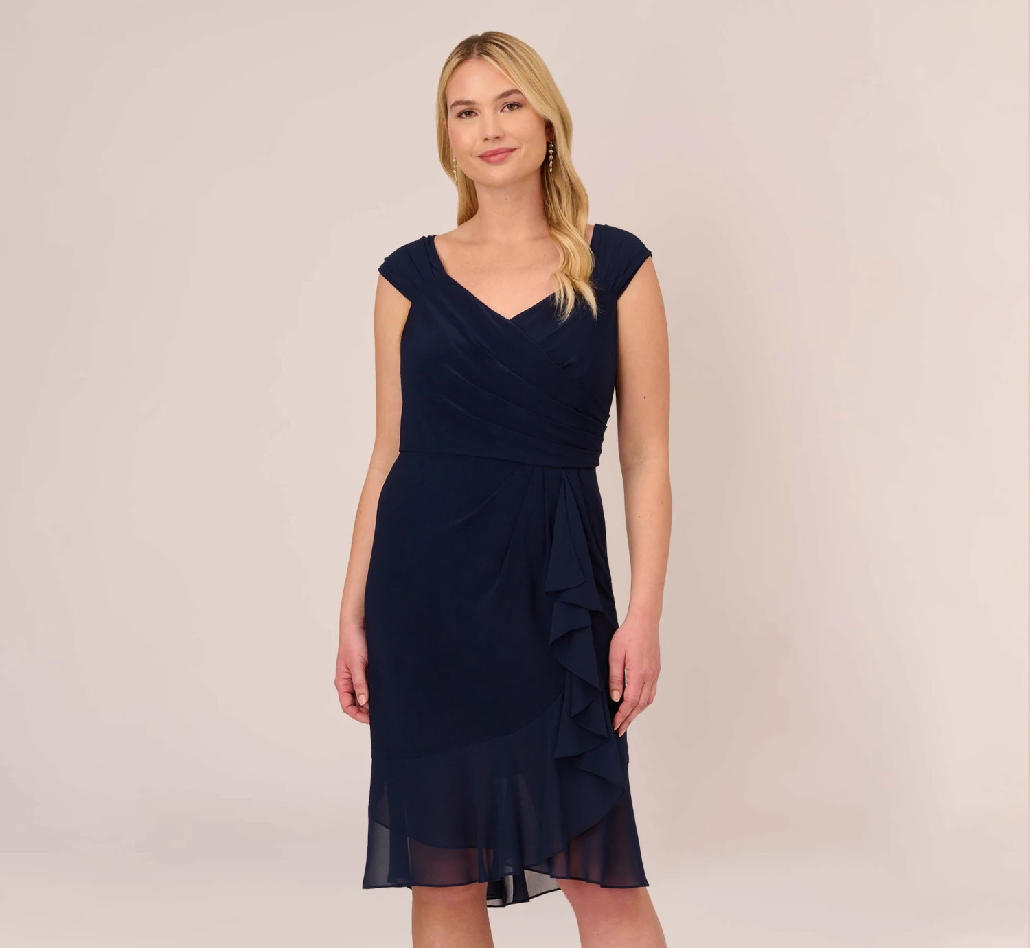 Adrianna Papell Plus Size Chiffon And Jersey Flounce Draped Dress With Pleated Details In Midnight 1 Adrianna Papell Plus Size Chiffon And Jersey Flounce Draped Dress With Pleated Details In Midnight