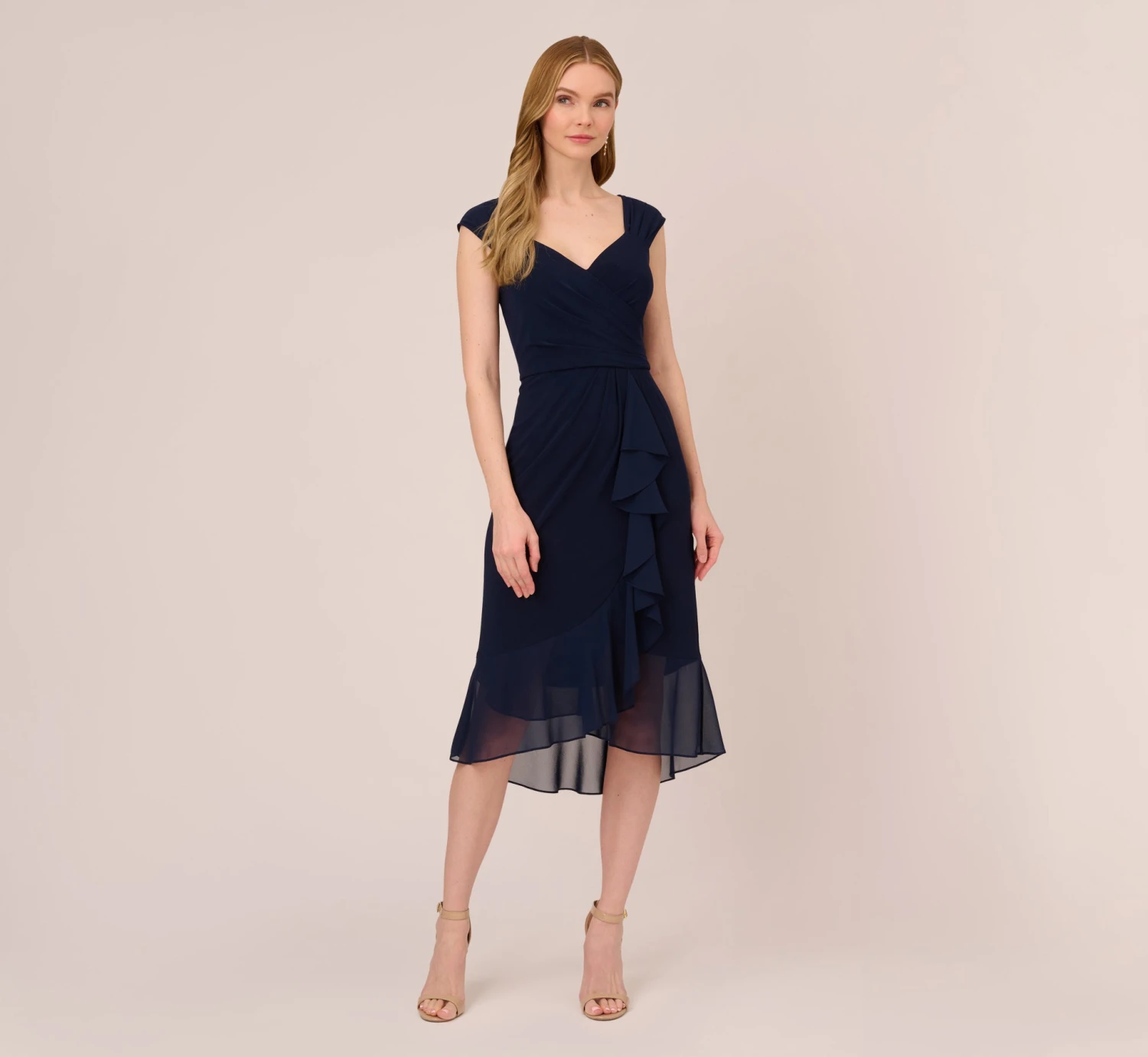 Adrianna Papell Chiffon And Jersey Flounce Draped Dress With Pleated Details In Midnight 1 Adrianna Papell Chiffon And Jersey Flounce Draped Dress With Pleated Details In Midnight