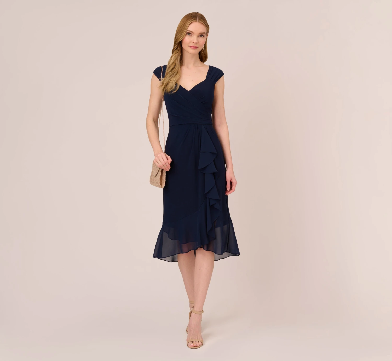 Adrianna Papell Chiffon And Jersey Flounce Draped Dress With Pleated Details In Midnight 2 Adrianna Papell Chiffon And Jersey Flounce Draped Dress With Pleated Details In Midnight - Image 2