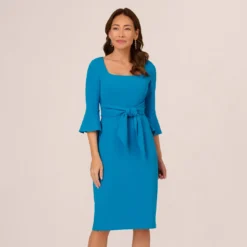 Adrianna Papell Stretch Knit Crepe Tie-Front Midi-Length Sheath Dress In Deep Cerulean