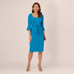 Adrianna Papell Stretch Knit Crepe Tie-Front Midi-Length Sheath Dress In Deep Cerulean -Glam Mirth Sales AP1D104978 AB431 Regular Front