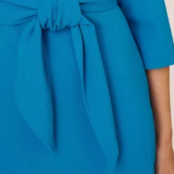 Adrianna Papell Stretch Knit Crepe Tie-Front Midi-Length Sheath Dress In Deep Cerulean -Glam Mirth Sales AP1D104978 AB431 Regular Lifestyle