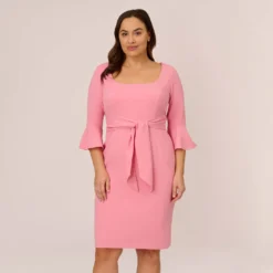 Adrianna Papell Plus Size Stretch Knit Crepe Tie-Front Midi-Length Sheath Dress In Faded Rose